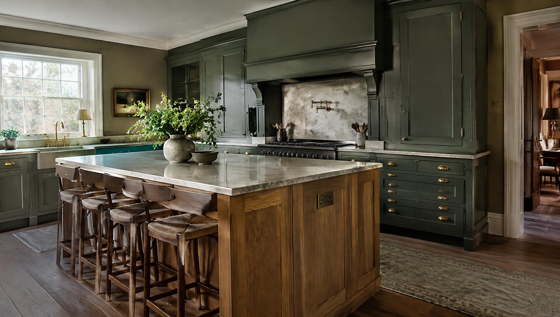 A hand-painted fitted kitchen with an oak island and brass handles in a period home